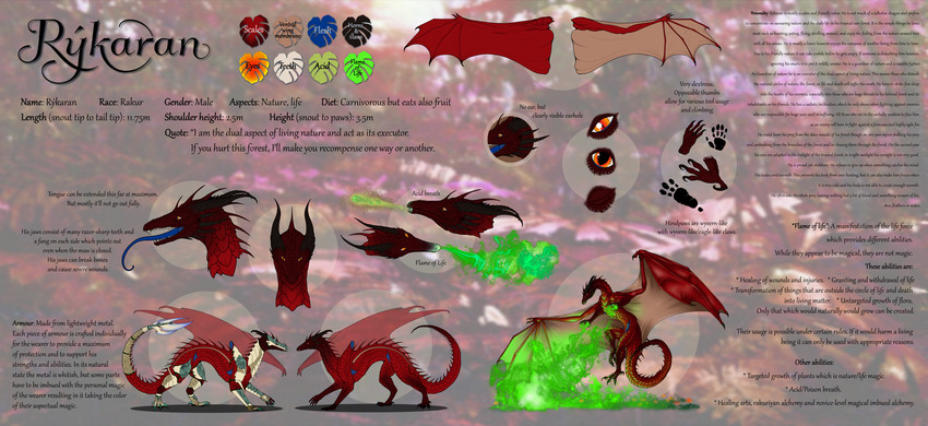 claws color_swatch feral horn membrane_(anatomy) membranous_wings multicolored_body orange_eyes quadruped scales solo spines standing tail text wings natoli european_mythology mythology rykaran_(character) dragon mythological_creature mythological_scalie reptile scalie western_dragon 2020 digital_media_(artwork) english_text hi_res model_sheet