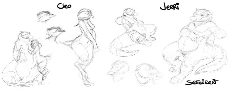 anthro beak breasts duo feathers feet female hindpaw hug male multiple_poses non-mammal_breasts nude paws pose reclining sitting size_difference tail conditional_dnp sefeiren cleo_(sefeiren) jerri avian bird crocodile crocodilian egyptian_plover nile_crocodile plover reptile scalie shorebird digital_drawing_(artwork) digital_media_(artwork) monochrome sketch