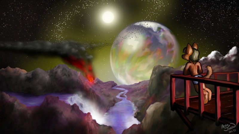 asteroid backlighting balcony clothing detailed_background fire fur glowing lake landscape light male moon mountain night outside planet reflection river scenery_porn sky smoke solo space spacescape star starry_sky sun sunrise underwear volcano water waterfall acru_jovian canid canine mammal 16:9 2013 digital_media_(artwork) digital_painting_(artwork) hi_res lighting widescreen