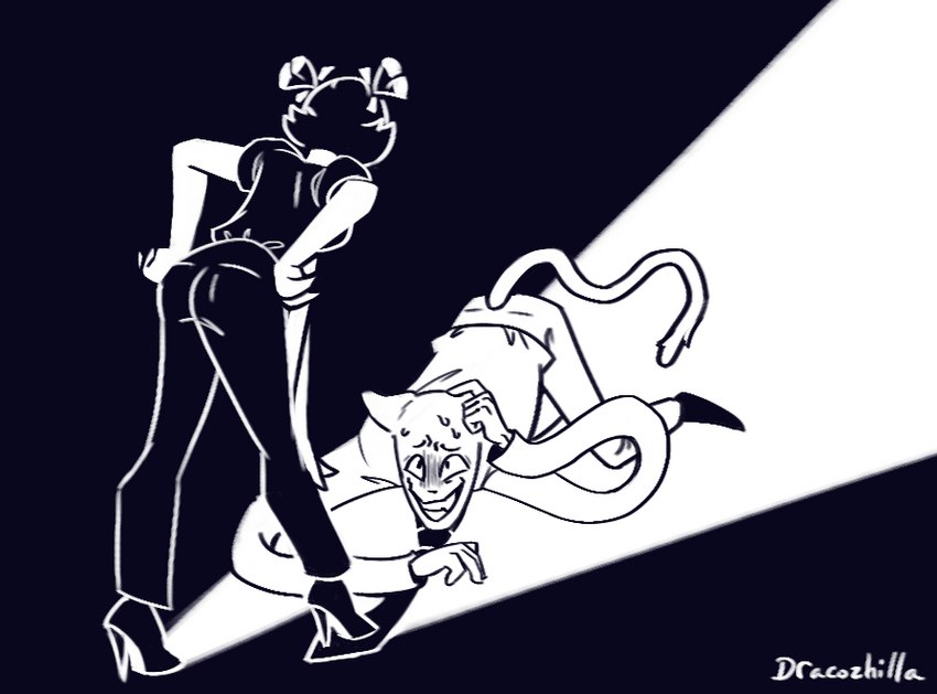 anthro apron black_background boots business_suit clothed clothing dominant dominant_female duo female footwear hands_on_hips high_heeled_boots high_heels kneeling male male/female scared shoes simple_background standing_over stepped_on suit sweating_profusely tail dracozhilla undertale undertale_(series) muffet scared_donut_guy arachnid arthropod felid feline humanoid mammal spider monochrome watermark