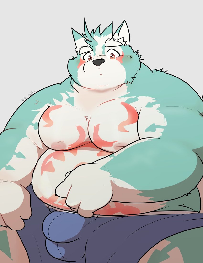 anthro balls_outline belly black_nose blush bulge detailed_bulge genital_outline humanoid_hands kemono male moobs nipples overweight overweight_male penis_outline simple_background sitting solo qqmelon888 lifewonders tokyo_afterschool_summoners oguchi_magami_(tas) canid canine canis mammal wolf 2021 hi_res