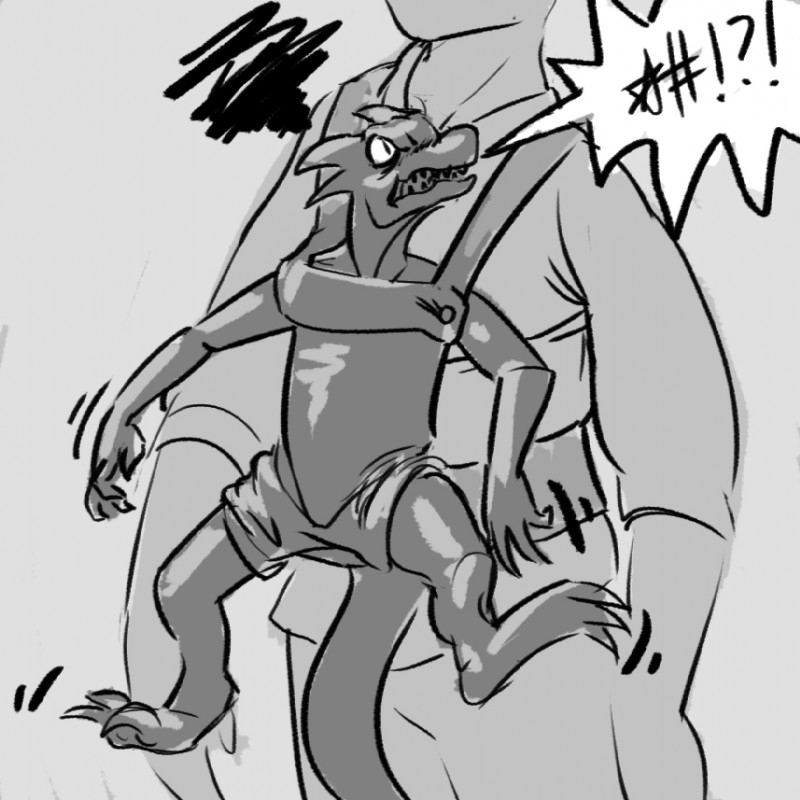 angry baby_carrier claws clothing duo fangs grawlixes horn humor larger_male male profanity pupils simple_background size_difference slit_pupils smaller_male spread_legs spreading teeth dragontherapist human kobold mammal scalie 1:1 black_and_white monochrome