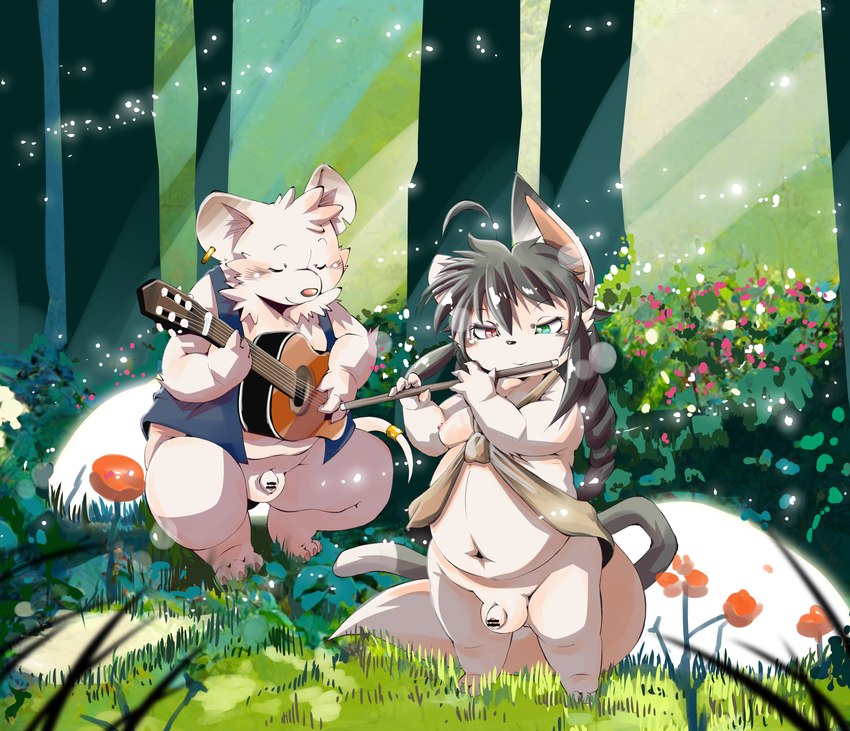 anthro balls detailed_background duo eyes_closed flaccid genitals guitar humanoid_hands kemono male musical_instrument navel outside penis plant plucked_string_instrument slightly_chubby small_penis string_instrument tree chibineco mammal unknown_species 2022 absurd_res censored hi_res