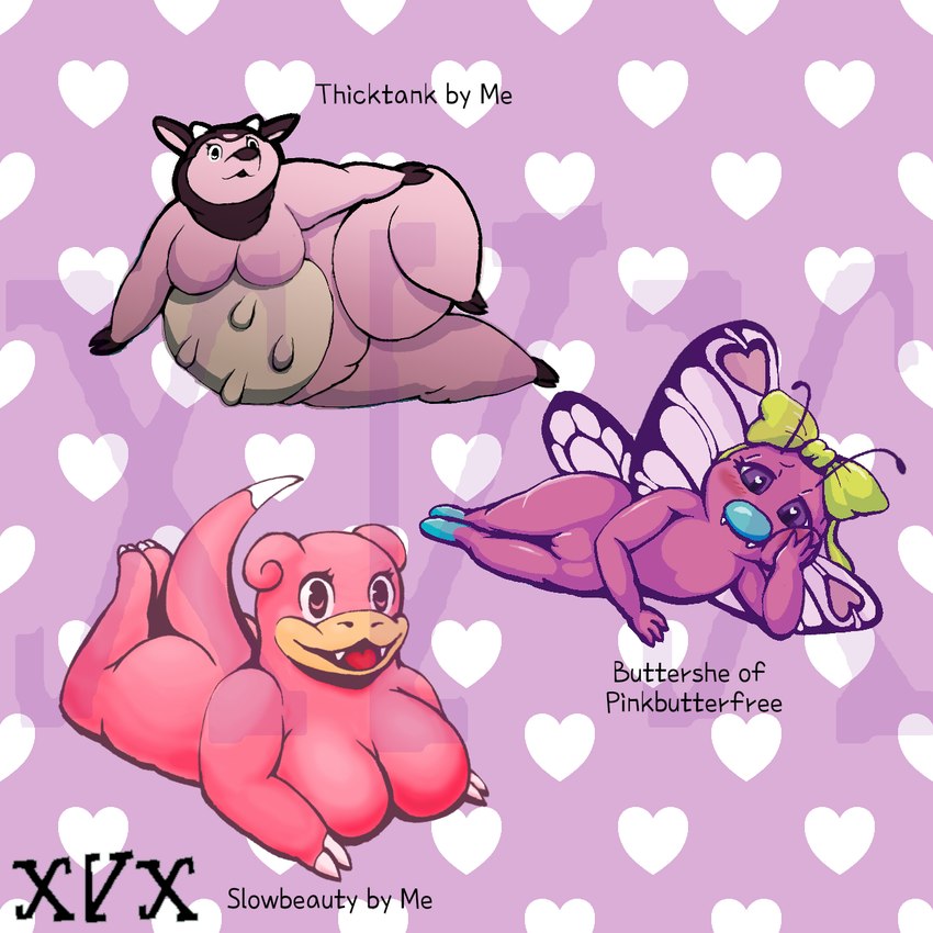 anthro breasts breasts_and_teats female genitals group overweight overweight_female pokemorph pussy teats trio xxvvxx nintendo pokemon buttershe fan_character slowbeauty thicktank butterfree generation_1_pokemon generation_2_pokemon miltank pokemon_(species) slowpoke 1:1 hi_res watermark