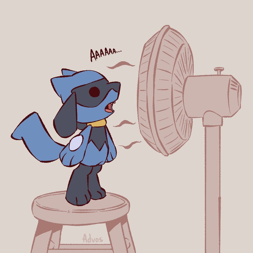 3_fingers 3_toes ambiguous_gender anthro black_eyes blue_body blue_fur blue_tail electric_fan feet fingers fur furniture open_mouth side_view simple_background solo standing stool tail teeth toes tongue advos nintendo pokemon generation_4_pokemon pokemon_(species) riolu 1:1 2024