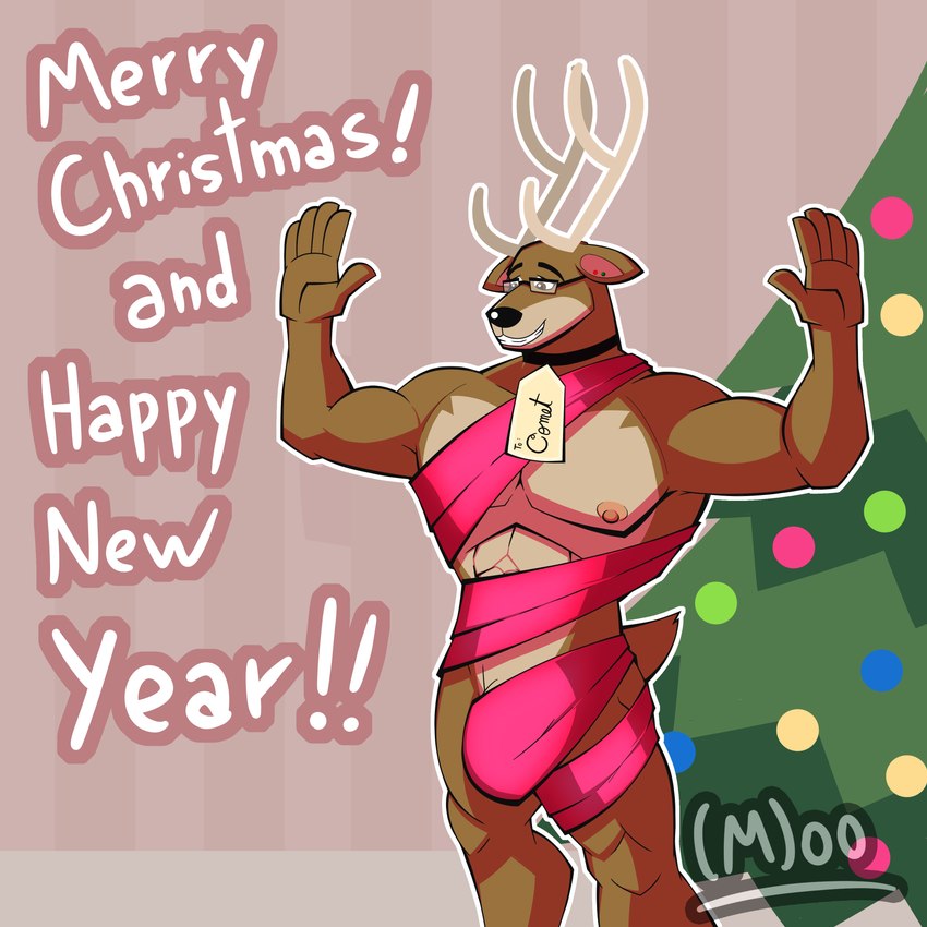 antlers bdsm bondage bound bow_ribbon collar_tag eyewear genitals goggles holidays horn male muscular muscular_male nipples nude ribbon_bondage ribbons scut_tail short_tail simple_background solo tail nixxxbot torito_moo christmas blitzen fan_character animal_humanoid deer humanoid mammal new_world_deer reindeer 1:1 absurd_res digital_drawing_(artwork) digital_media_(artwork) hi_res