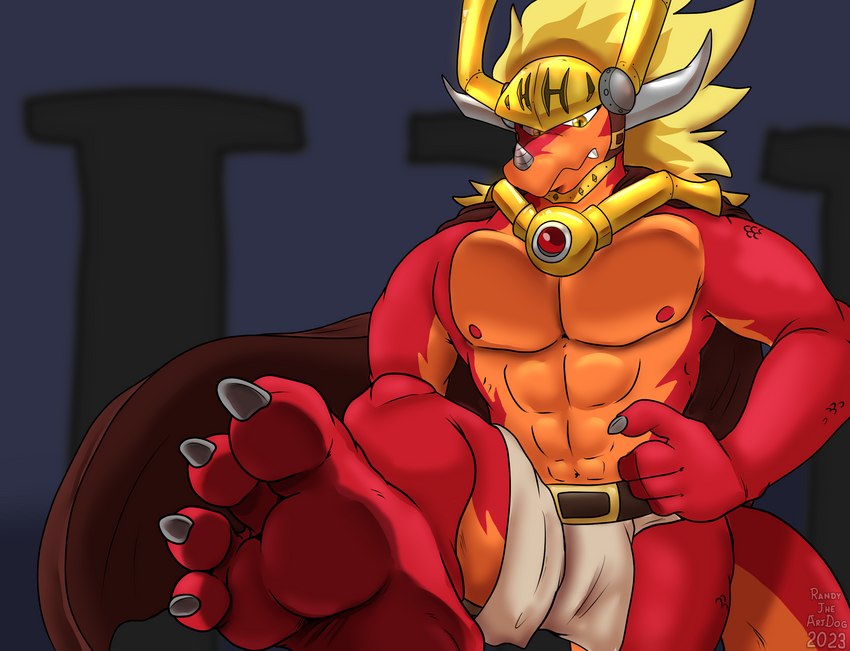 4_toes abs anthro armor barefoot belt belt_buckle black_belt blonde_hair bottomwear buckle claws clothed clothing feet finger_claws foot_focus gold_(metal) gold_helmet grey_background grey_claws hair headgear helmet horn humanoid_feet loincloth looking_down male mouth_closed nipples non-mammal_nipples orange_body orange_scales pecs plantigrade red_nipples scales sharp_teeth simple_background soles solo standing tail teeth toe_claws toes topless topless_anthro topless_male white_bottomwear white_clothing white_horn white_loincloth yellow_eyes randytheartdog bushiroad future_card_buddyfight mythology drum_bunker_dragon dragon mythological_creature mythological_scalie scalie 2023 hi_res