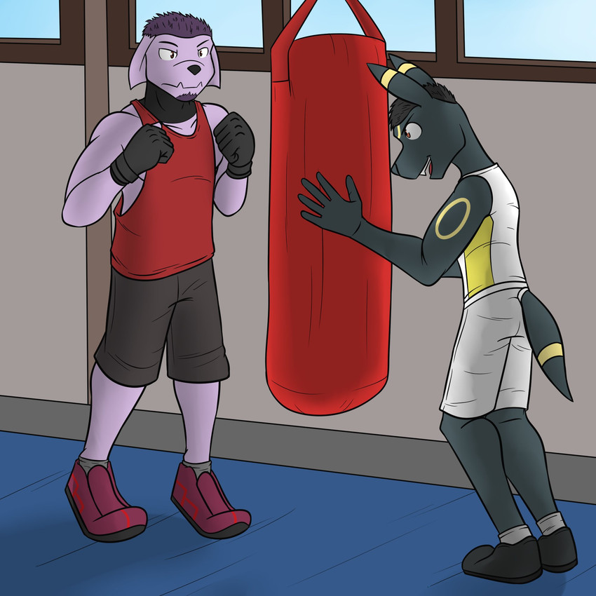 anthro anthrofied beard bottomwear clothed clothing duo exercise facial_hair fighting_pose fully_clothed furgonomics gloves gym handwear male pose punching_bag shirt shorts tank_top topwear workout fuze nintendo pokemon jed_(fuze) eeveelution generation_2_pokemon granbull pokemon_(species) umbreon 1:1 hi_res