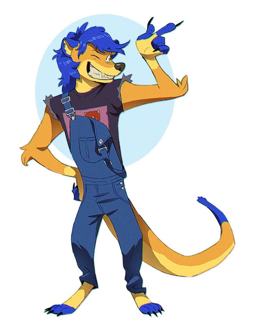 1990s anthro blue_markings clothing feet fur gesture grin hand_gesture happy hindpaw male markings one_eye_closed overalls paws pointing ripped_sleeves smile solo teeth wink yellow_body yellow_fur ruffu tigerthemeerkat herpestid mammal meerkat hi_res