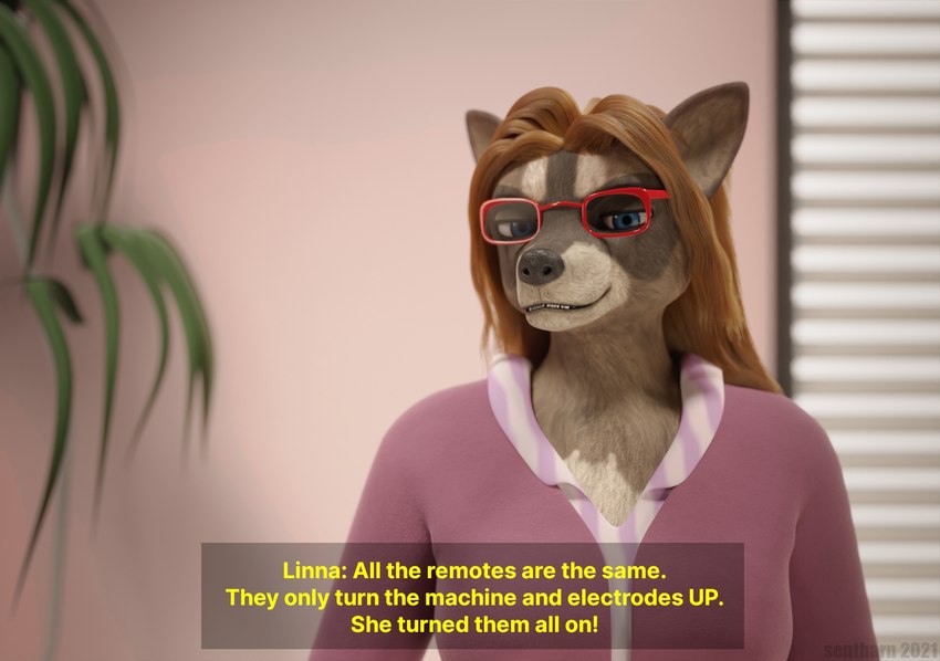 anthro blinds clothed clothing eyewear female glasses hair houseplant office red_hair shitpost solo text conditional_dnp sentharn blender_cycles the_office linna_(patchkatz) mammal procyonid raccoon 3d_(artwork) blender_(artwork) digital_media_(artwork) english_text meme