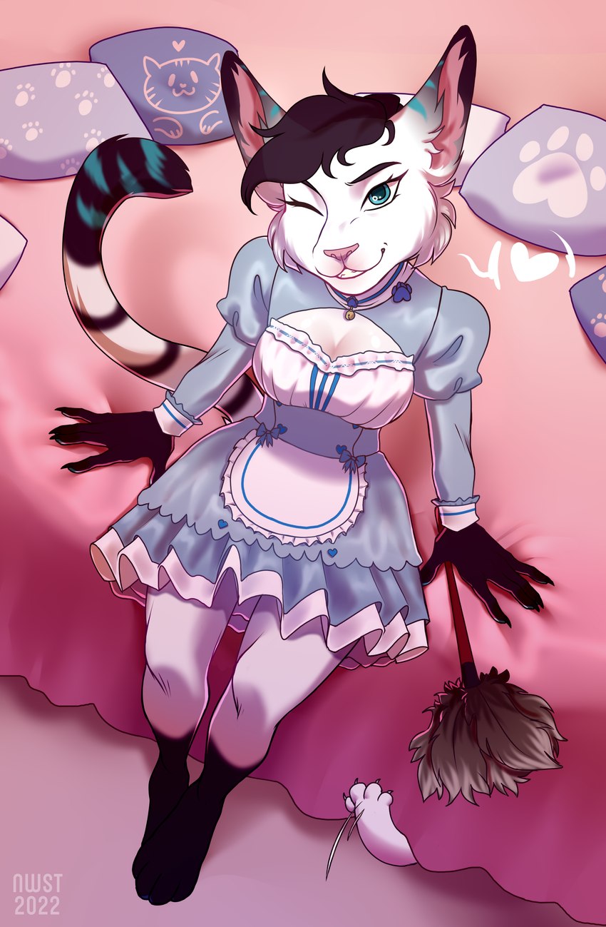 anthro blue_clothing blue_dress blue_eyes brown_hair cat_paws claws cleaning_tool clenched_teeth clothing dress ears_up feather_duster female fur hair long_ears looking_at_viewer maid_uniform markings one_eye_closed pillow pink_blanket pink_nose raised_tail sitting smile solo striped_body striped_ears striped_fur striped_markings striped_tail stripes tail tail_markings teeth text uniform white_body white_fur wink nwst_nim noemie_(bast45) felid feline hybrid mammal serval 2022 absurd_res digital_drawing_(artwork) digital_media_(artwork) hi_res