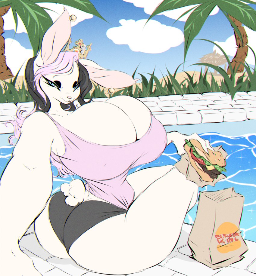 big_breasts black_hair breasts burger butt cleavage clothed clothing female food fur hair highlights_(coloring) huge_breasts long_hair panties paper_crown pink_highlights poolside selfie shirt smile solo tank_top thick_thighs topwear underwear white_body white_fur wide_hips dullvivid burger_king princess_jomes_(character) lagomorph leporid mammal rabbit hi_res