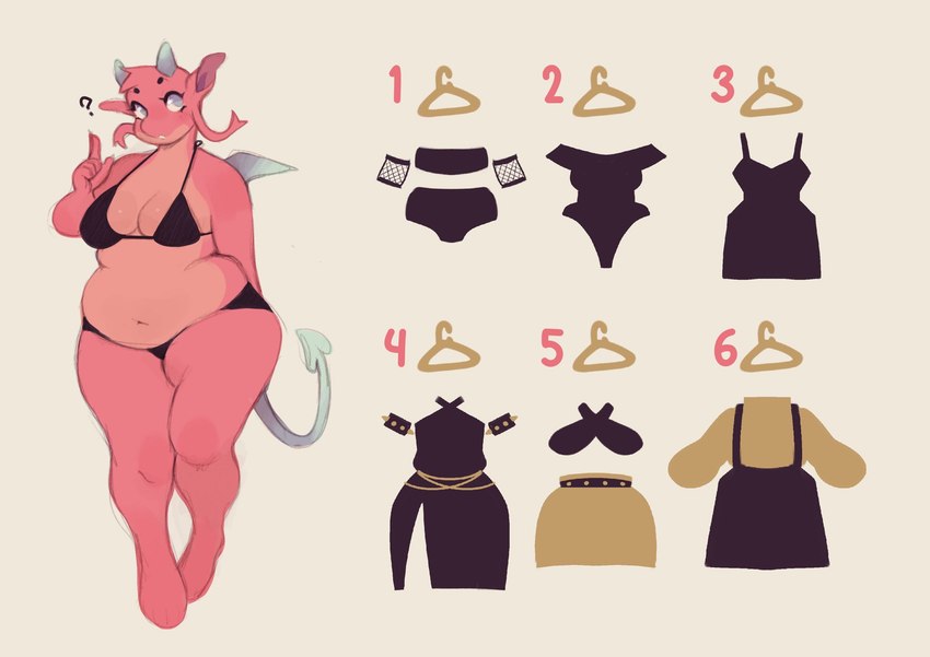 2_horns 5_fingers anthro black_bra black_clothing black_panties black_underwear blue_eyes bra breasts circle_eyebrows clothing countershading eyebrows female fingers horn navel non-mammal_breasts panties pink_body pink_countershading pink_face question_mark simple_background slightly_chubby slightly_chubby_anthro slightly_chubby_female small_eyebrows solo spade_tail tail underwear wings paggi mythology nana_(paggi) dragon mythological_creature mythological_scalie scalie 2024 digital_drawing_(artwork) digital_media_(artwork) hi_res