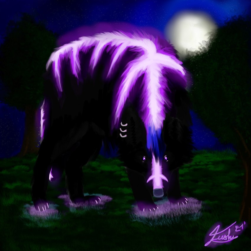 ear_piercing feral forest full_moon glowing glowing_eyes glowing_markings glowing_nails male markings moon piercing plant tree bluefluffy_fusky_(artist) koszmar_fusky 1:1 hi_res