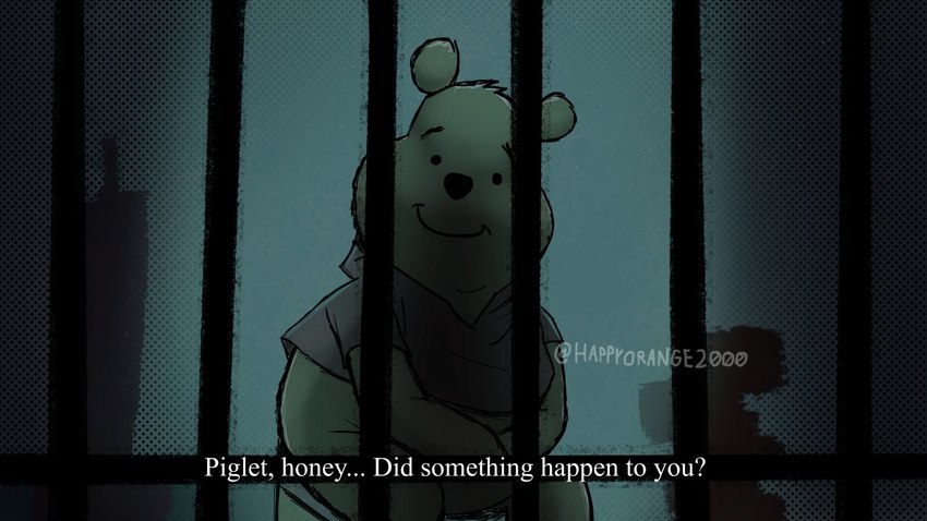 bars bottomless cage chair clothed clothing feral fur furniture horror_(theme) imprisoned imprisonment looking_at_viewer male partially_clothed prison_cell shirt sitting smile stool text topwear yellow_body yellow_fur happyorange2000 disney konami piglets_big_game silent_hill winnie_the_pooh_(franchise) pooh_bear bear mammal 16:9 english_text widescreen