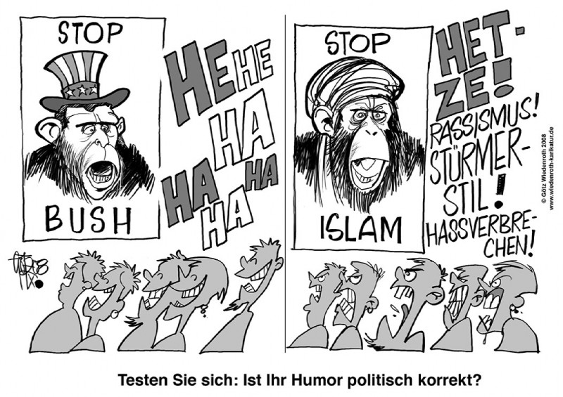 angry anthro group humor islamophobia laugh male political_cartoon politics racism religion text xenophobia gotz_wiedenroth real_world republican george_w._bush ape chimpanzee haplorhine human mammal pan_(genus) primate 2008 german_text greyscale monochrome translated