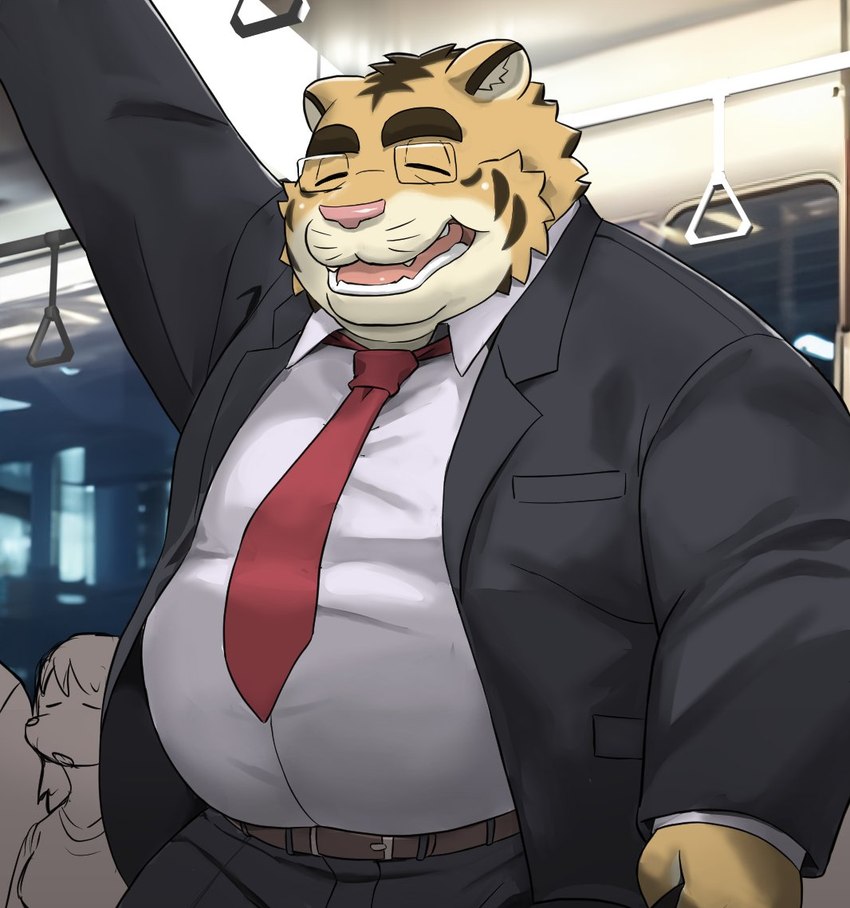 anthro belly big_belly bottomwear clothing eyes_closed eyewear glasses group kemono male necktie open_mouth overweight overweight_male pants pink_nose shirt solo_focus topwear 00murice felid mammal pantherine tiger 2024