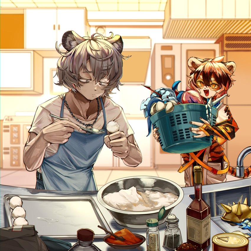 anthro black_body clothing cooking duo female food fur grey_hair hair happy holding_object jewelry male multicolored_body multicolored_fur multicolored_hair necklace orange_body orange_fur orange_hair white_body white_fur white_hair kouroukun arknights hypergryph studio_montagne jaye_(arknights) waaifu_(arknights) animal_humanoid cat_humanoid felid felid_humanoid feline feline_humanoid humanoid mammal mammal_humanoid pantherine tiger 1:1 absurd_res hi_res