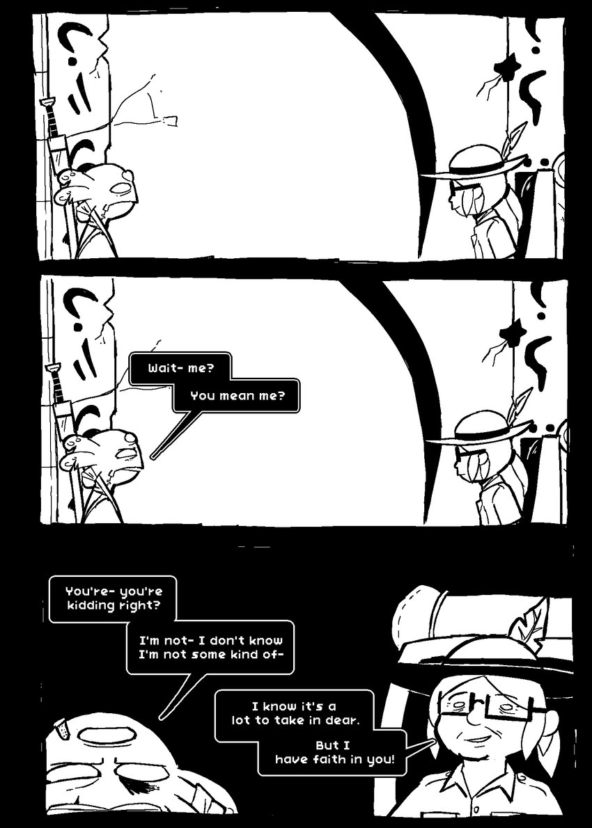 anthro dialogue female male melee_weapon sword sword_sheath text weapon afuckingcamel-zenge-art_(artist) chucklefish starbound esther_bright kenta_(afuckingcamel) human hylotl mammal black_and_white comic english_text hi_res monochrome