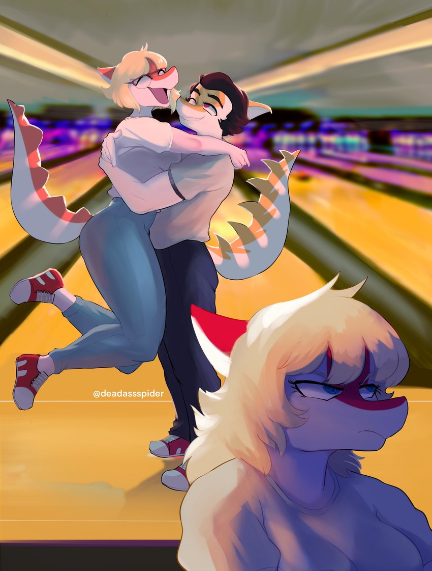 anthro blonde_hair blue_eyes bottomwear bowling bowling_alley brown_hair clothing denim denim_bottomwear denim_clothing detailed_background eyelashes eyewear female fingers footwear glasses group hair hug jeans long_hair long_tail male multicolored_body multicolored_scales one_eye_closed open_mouth orange_body orange_scales pants red_body red_eyes red_scales scales shoes short_hair sneakers snout spikes spikes_(anatomy) tail tan_body tan_scales trio two_tone_body two_tone_scales deadassspider cavemanon_studios goodbye_volcano_high i_wani_hug_that_gator snoot_game mia_moretti naomi_(gvh) tony_(snoot_game) dinosaur hadrosaurid ornithischian ornithopod parasaurolophus prehistoric_species reptile scalie 2023 absurd_res artist_name digital_drawing_(artwork) digital_media_(artwork) hi_res watermark daughter_(lore) father_(lore) father_and_child_(lore) father_and_daughter_(lore) parent_(lore) parent_and_child_(lore) parent_and_daughter_(lore) sibling_(lore) sister_(lore) sisters_(lore)