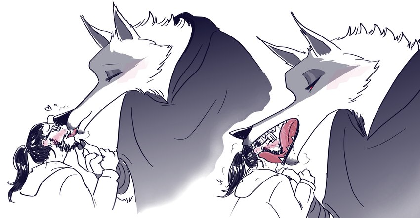 anthro arm_wrapping arm_wraps beard blush bodily_fluids caressing caressing_chin cheek_tuft chin_grab claws cloak clothing duo eyes_closed eyewear face_lick facial_hair facial_markings facial_tuft fluffy french_kissing fuzzy glasses hair half-closed_eyes hand_grab head_in_mouth head_markings head_nom heart_symbol hoodie kissing licking love_bite male male/male markings mask_(marking) narrowed_eyes neck_tuft nom open_mouth pawpads poncho ponytail red_eyes saliva saliva_string side_view simple_background teeth tongue tongue_out topwear tuft white_background wrapped_arms wraps ultimatellurker dreamworks puss_in_boots_(franchise) death_(puss_in_boots) fan_character jayden_(javidude) canid canine canis human mammal wolf hi_res monochrome sequence