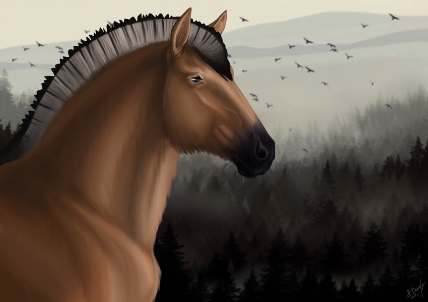 amber_eyes ambiguous_gender feral fog forest forest_background nature nature_background plant solo tree alexandradane arvakr draft_horse equid equine fjord_horse horse mammal male_(lore)