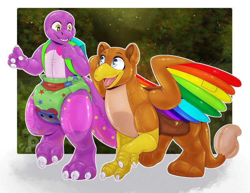 anthro backpack claws clothed clothing diaper duo feral forest forest_background gesture hand_gesture happy inflatable looking_at_another male nature nature_background open_mouth pattern_diaper plant pointing pool_toy saddle_bag spread_wings tail teeth tree walking wearing_diaper wings plantpanda mythology expandranon zoran animate_inanimate avian dinosaur gryphon living_inflatable mythological_avian mythological_creature prehistoric_species reptile scalie theropod tyrannosaurid tyrannosauroid tyrannosaurus tyrannosaurus_rex absurd_res hi_res