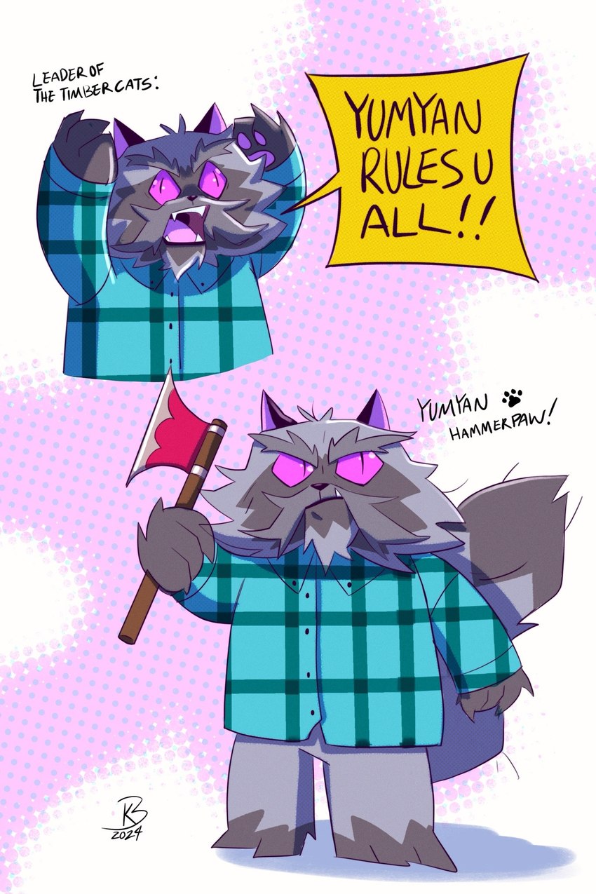 anthro axe barefoot biped black_nose bottomless clothed clothing dress_shirt eyebrows facial_hair fangs feet fluffy fluffy_tail front_view fur grey_body grey_fur grey_tail holding_axe holding_object male melee_weapon mustache open_mouth pattern_clothing pattern_shirt pattern_topwear pink_inner_ear pink_sclera plaid plaid_clothing plaid_shirt plaid_topwear semi-anthro shirt simple_background solo standing tail teeth text topwear weapon year kennydoesart dreamworks kipo_and_the_age_of_wonderbeasts netflix yumyan_hammerpaw domestic_cat felid feline felis mammal 2024 english_text full-length_portrait hi_res portrait signature