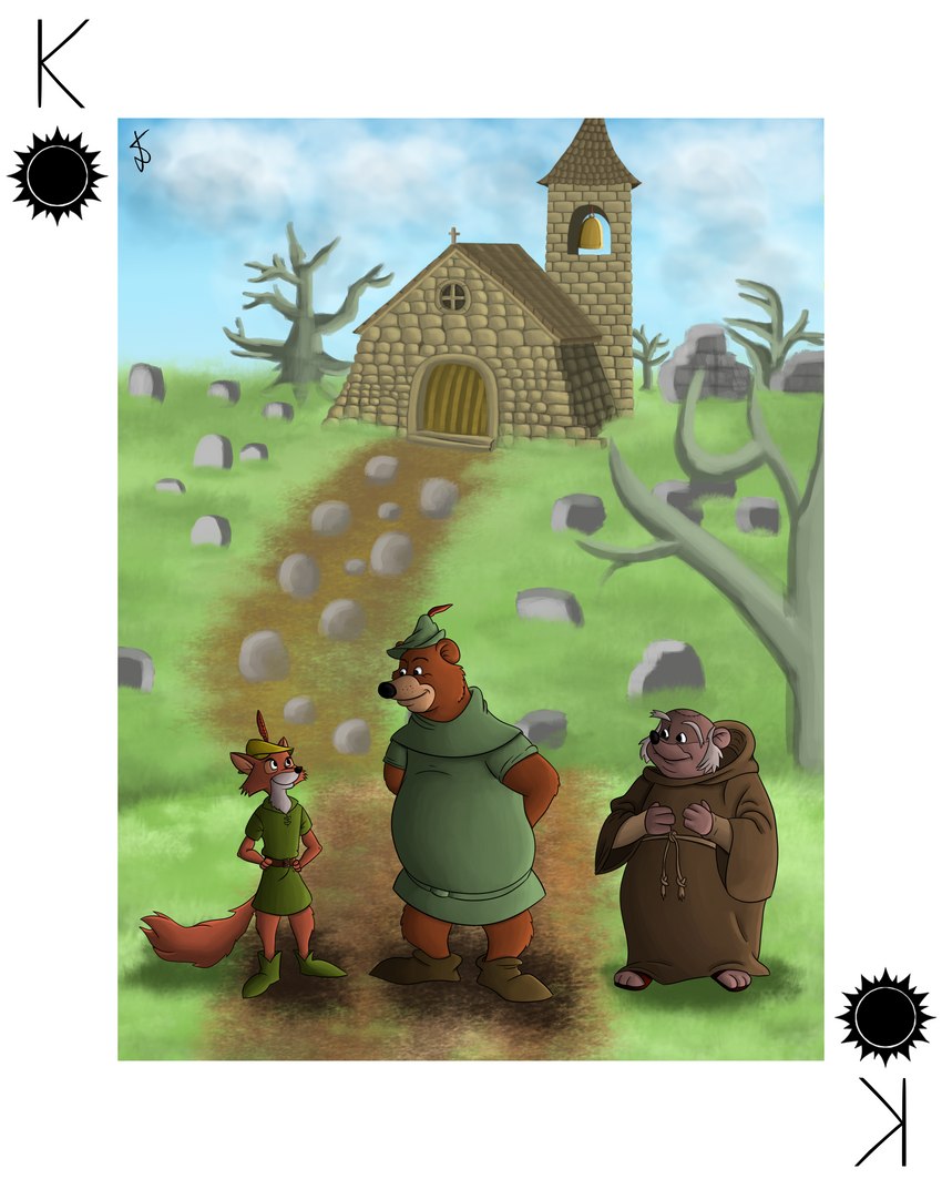 anthro card card_template church clothing custom_cards group male monk playing_card playing_card_template shirt topwear trio tunic shiromon999 disney robin_hood_(disney) friar_tuck little_john robin_hood badger bear canid canine fox mammal mustelid musteline red_fox true_fox 4:5 absurd_res hi_res