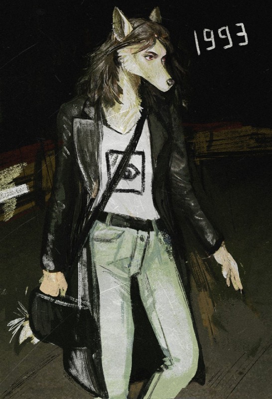 1990s_theme anthro bottomwear brown_hair clothing fur hair jacket leather leather_clothing leather_jacket leather_topwear long_hair male pants purse red_eyes shirt solo topwear white_body white_fur hriscia canid canine canis mammal wolf hi_res high_contrast traditional_media_(artwork)