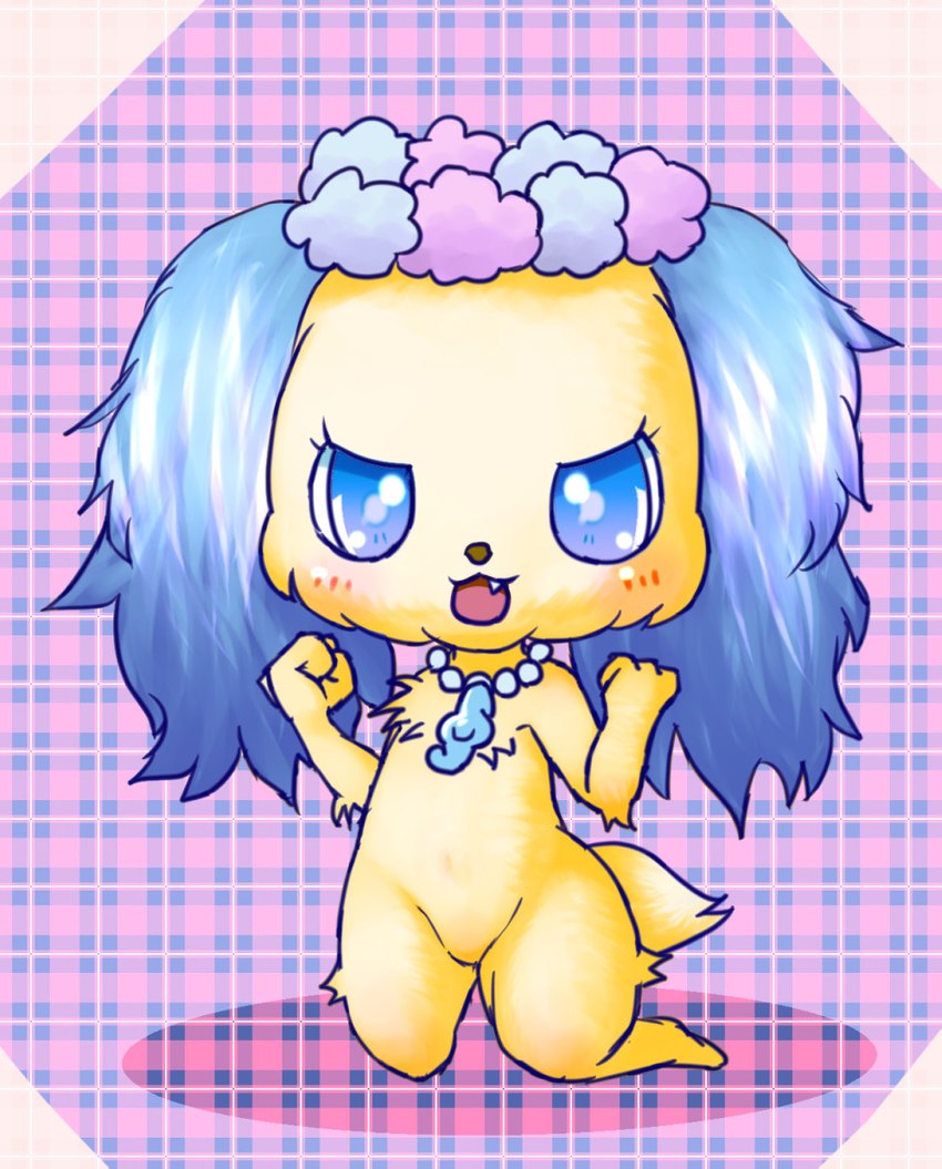 anthro blue_ears blue_eyes blush chibi cute_fangs fangs female floppy_ears fur g_clef jewelry kneeling looking_at_viewer lop_ears necklace open_mouth pattern_background simple_background solo teeth yellow_body yellow_fur bunnag jewelpet sanrio sega sega_fave sapphie_(jewelpet) bird_dog canid canine canis cavalier_king_charles_spaniel domestic_dog hunting_dog mammal spaniel toy_dog digital_media_(artwork) shaded