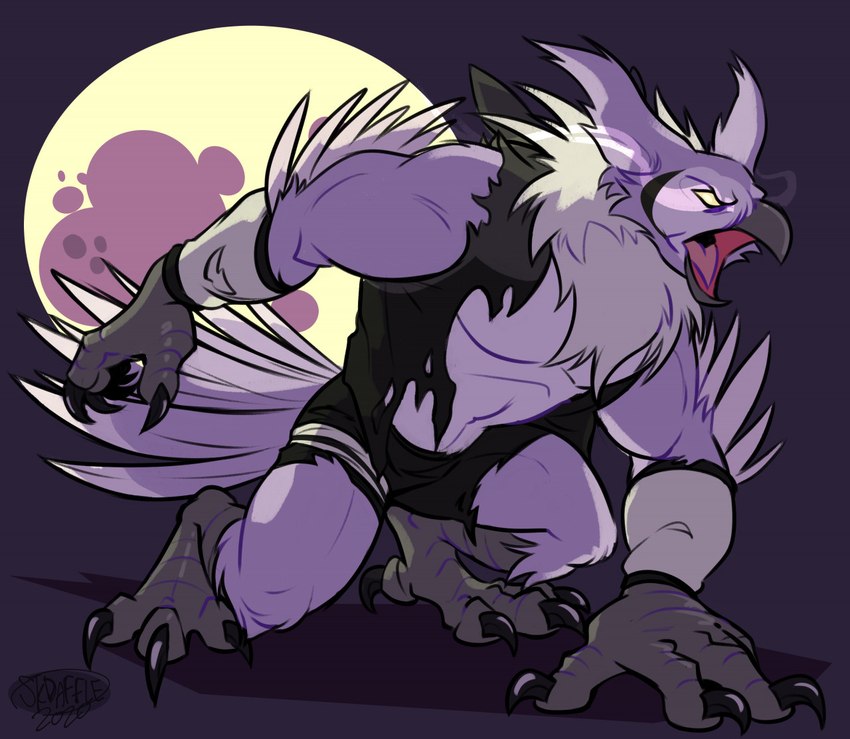 abs anthro beak biceps claws clothed clothing feathers feet full_moon glowing glowing_eyes male moon muscular muscular_anthro muscular_male open_mouth pecs purple_body purple_feathers quads solo talons toes tongue torn_clothing white_body white_feathers skdaffle avian bird owl were wereavian wereowl 2020