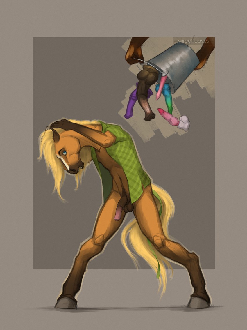 5_fingers anatomically_correct anatomically_correct_genitalia anatomically_correct_penis animal_dildo animal_genitalia animal_penis animal_sex_toy anthro balls biped blaze_(marking) blonde_hair blonde_mane blue_eyes bottomless brown_body brown_fur bucket canine_dildo clothed clothing container dildo disembodied_hand dropping_object duo ears_back equine_dildo equine_genitalia equine_penis eyebrows facial_markings fingers fur genitals gloves_(marking) hair half-erect head_markings holding_object hooves humor leg_markings long_hair male male_focus mane markings medial_ring navel open_clothing open_mouth open_shirt open_topwear penis pivoted_ears sex_toy sheath shirt simple_background socks_(marking) solo_focus tail teeth topwear unguligrade wiredhooves golden_wing equid equine horse mammal 3:4 digital_media_(artwork) hi_res