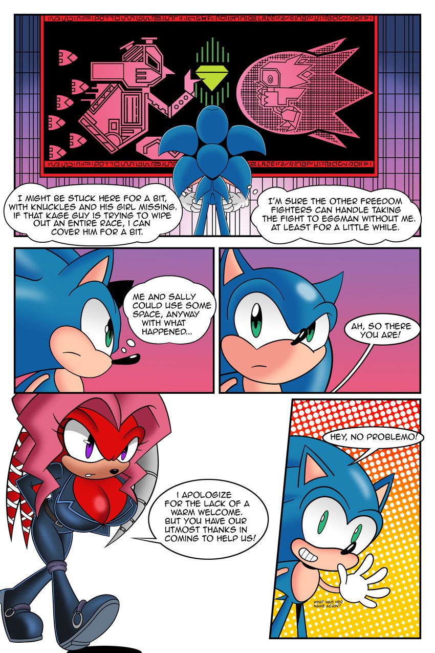 anthro big_breasts bodysuit breasts cleavage clothed clothing detailed_background duo female green_eyes hair huge_breasts leather leather_clothing male male/female mural pink_hair purple_eyes skinsuit speech_bubble text tight_clothing mobian_monster archie_comics sega sonic_the_hedgehog_(archie) sonic_the_hedgehog_(comics) sonic_the_hedgehog_(series) lien-da sonic_the_hedgehog echidna eulipotyphlan hedgehog mammal monotreme 2:3 absurd_res comic english_text hi_res