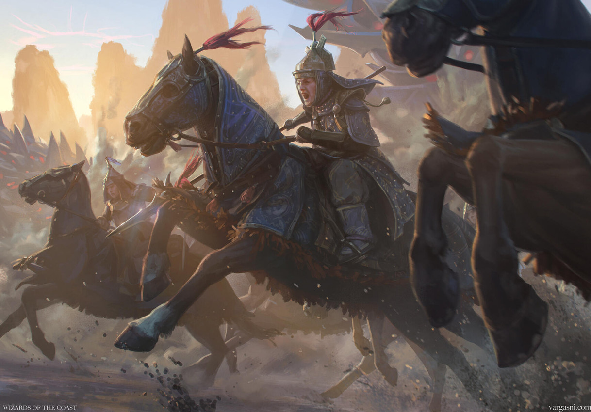 ambiguous_gender angry armor feral group headgear helmet holding_melee_weapon holding_object holding_polearm holding_spear holding_weapon hooves male melee_weapon mountain open_mouth outside polearm riding running spear text weapon randy_vargas hasbro magic:_the_gathering wizards_of_the_coast equid equine horse human mammal hi_res official_art url