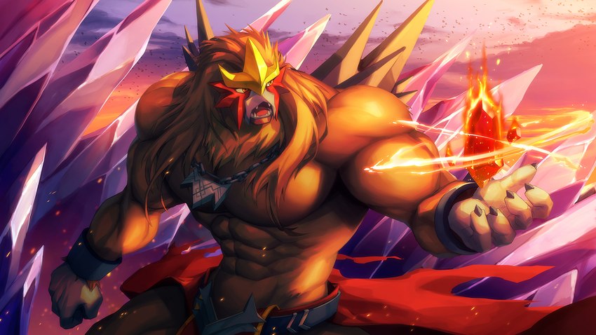 5_fingers abs anthro anthrofied biceps brown_body brown_eyes brown_fur brown_hair claws clothed clothing cloud crystal detailed_background fingers fire fur hair humanoid_hands long_hair male muscular muscular_anthro muscular_male open_mouth pecs shirtless sky solo sunset tongue triceps kuron nintendo pokemon entei generation_2_pokemon legendary_pokemon pokemon_(species) 2023 colored hi_res