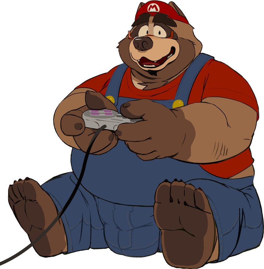 anthro belly big_belly bulge clothing controller cosplay eyewear feet game_controller glasses kemono male nintendo_controller overalls overweight overweight_male shirt simple_background sitting smile snes_controller solo topwear white_background tanumototanooki mario_bros nintendo super_nintendo vtuber mario canid canine mammal raccoon_dog tanuki 2024 hi_res