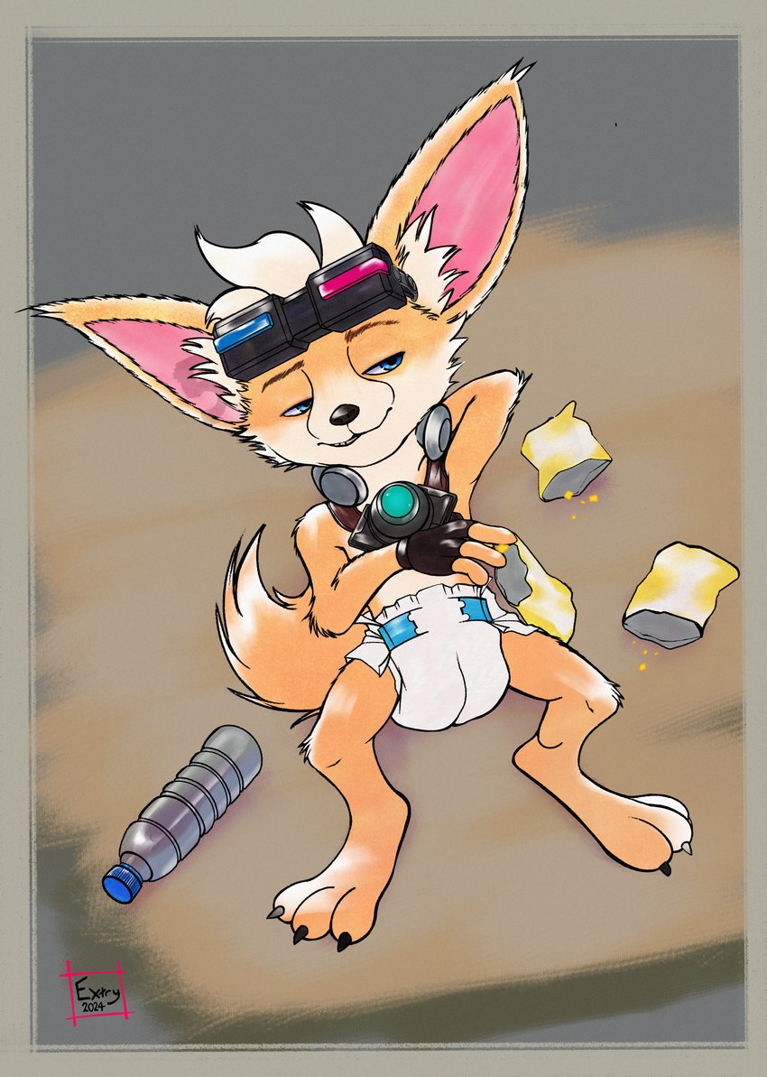 anthro big_ears bottle claws clothed clothing container diaper digitigrade eyewear fingerless_gloves gloves goggles handwear lying male on_back paws snacks solo water_bottle wearing_diaper extry mobile_legends chip_(mlbb) canid canine fennec_fox fox mammal true_fox absurd_res hi_res