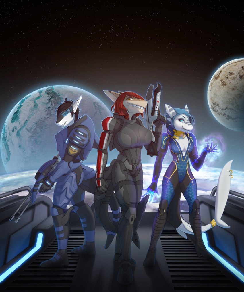 alternate_species anthro armor big_breasts biotics black_hair blue_eyes breasts claws countershading ear_piercing female furrification grin group gun hair long_hair looking_at_viewer piercing pose ranged_weapon red_hair rifle smile stripes team_pose teeth vivarium weapon zoo_(facility) piranhapettingzoo bioware electronic_arts mass_effect azuriae riptide_(riptideshark) syrena_(riptideshark) fish hybrid mammal marine shark 2014 hi_res