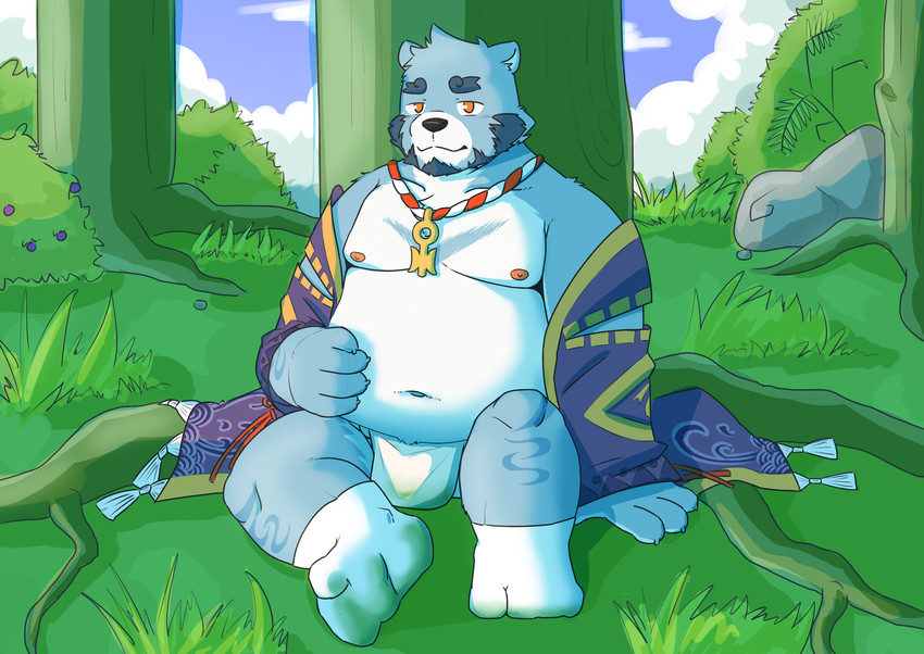 anthro asian_clothing belly blue_body blue_fur bulge clothing detailed_background east_asian_clothing fundoshi fur japanese_clothing kemono male moobs navel nipples outside overweight overweight_anthro overweight_male robe sitting solo underwear white_body white_fur hokolee32 bonasiah full_attack sophring_jie bear mammal 2020 hi_res