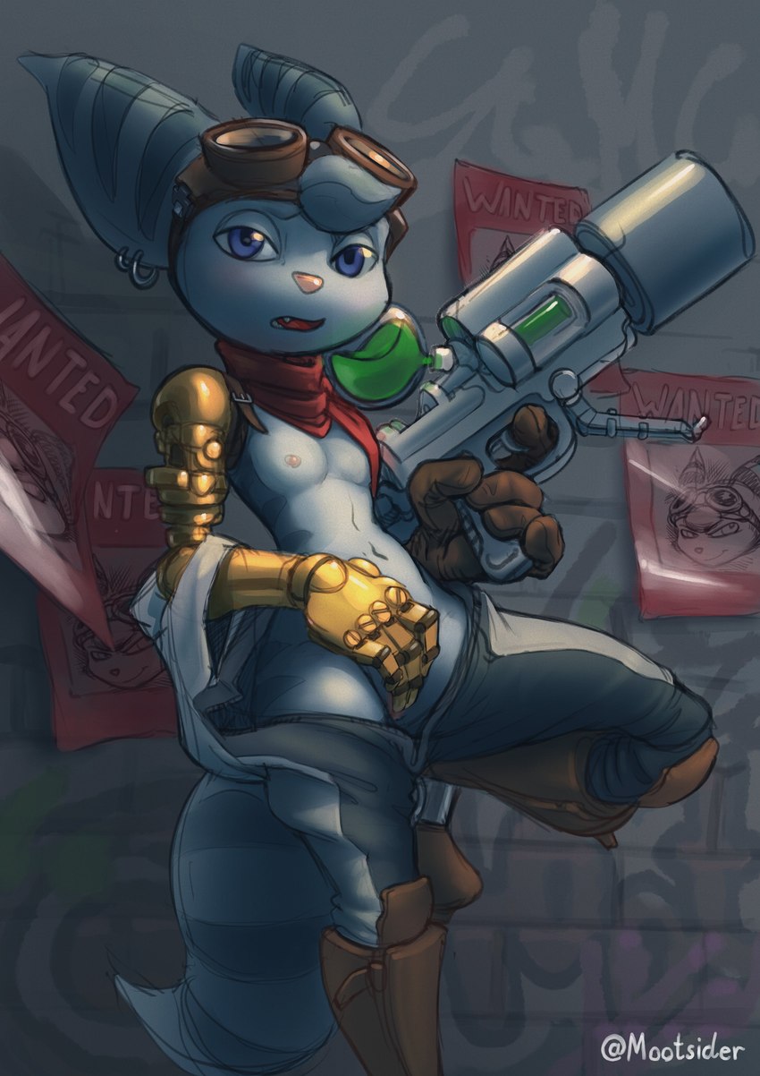 3_finger_fingering anthro breasts clothed clothing cybernetic_arm cybernetic_limb detailed_background ear_piercing ear_ring female fingering fingering_self front_view fur grey_body grey_fur gun holding_gun holding_object holding_ranged_weapon holding_weapon looking_at_viewer masturbation nipples on_one_leg partially_clothed piercing ranged_weapon ring_piercing scarf small_breasts solo standing vaginal vaginal_fingering vaginal_masturbation wanted_poster weapon mootsider ratchet_and_clank sony_corporation sony_interactive_entertainment rivet_(ratchet_and_clank) lombax mammal 2021 absurd_res hi_res portrait three-quarter_portrait