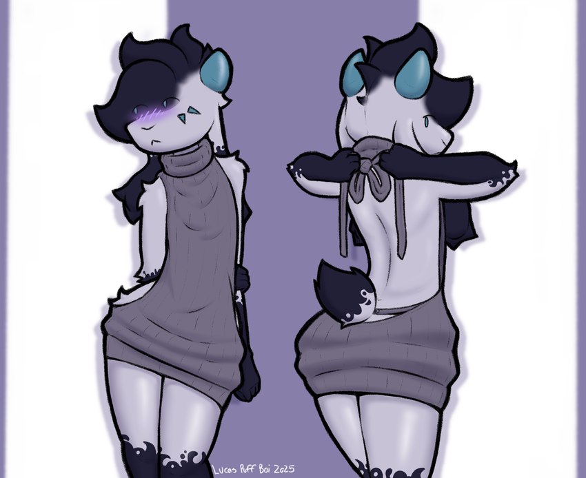 anthro blue_eyes blue_horn blush clothed clothing crossdressing dress femboy fur fur_markings hands_behind_head horn male markings raised_arms shy solo sweater tail tail_tuft topwear tuft virgin_killer_sweater pseudokym meme_clothing reimy_(pseudokym) bovid caprine goat mammal 2024 digital_media_(artwork) hi_res meme