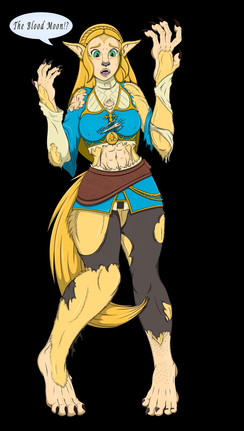 abs alternate_species anthro blonde_hair breasts clothing dialogue female green_eyes hair navel nipple_outline open_mouth shocked simple_background solo standing text torn_clothing transformation transparent_background violetrosefall breath_of_the_wild mythology nintendo the_legend_of_zelda princess_zelda canid canine mammal mythological_canine mythological_creature were werecanid werecanine werewolf 2017 absurd_res alpha_channel english_text hi_res