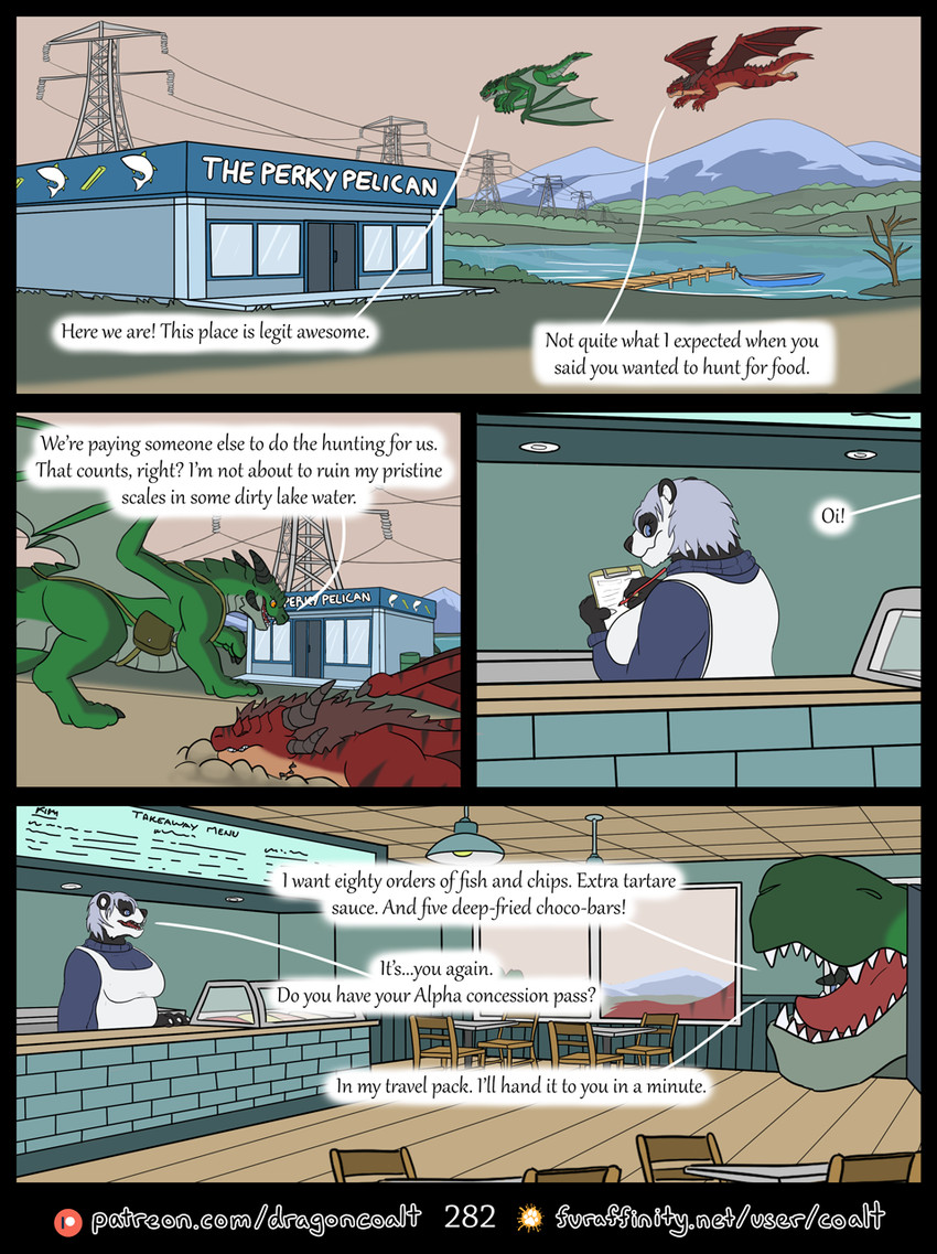 anthro apron boat chair clerk clothing dialogue female feral flying four_frame_image fur furaffinity_logo furniture group inside lake landing larger_feral looking_back male open_mouth ordering_food outside page_number patreon_logo pier pouch_(clothing) power_lines restaurant size_difference sky smaller_anthro speech_bubble table text transmission_tower trio vehicle watercraft rimentus european_mythology furaffinity mythology patreon coalt scylla_(rimentus) bear dragon furred_dragon furred_scalie giant_panda mammal mythological_creature mythological_scalie scalie western_dragon comic english_text hi_res url