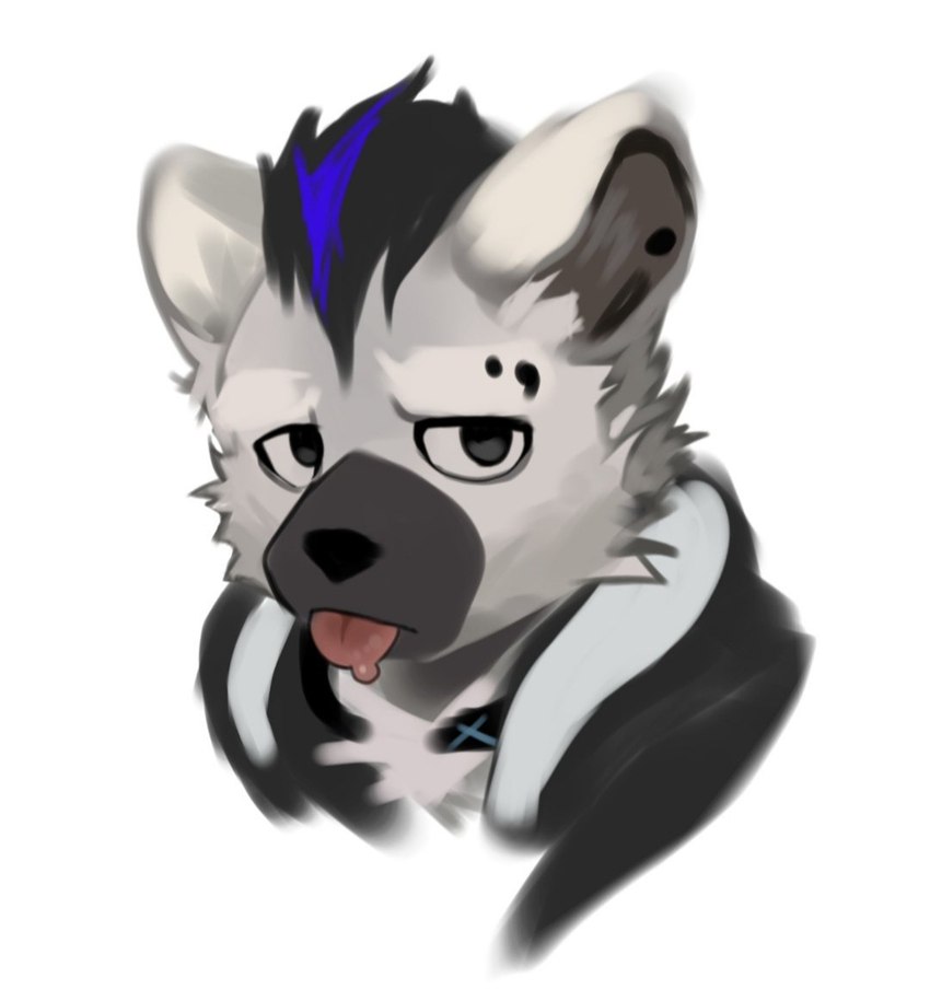 anthro black_hair blue_hair clothed clothing collar ear_piercing eyebrow_piercing facial_piercing fur grey_body grey_fur hair looking_at_viewer male multicolored_hair piercing solo tongue tongue_out two_tone_hair pizbhao arknights hypergryph studio_montagne spot_(arknights) hyena mammal spotted_hyena 2024