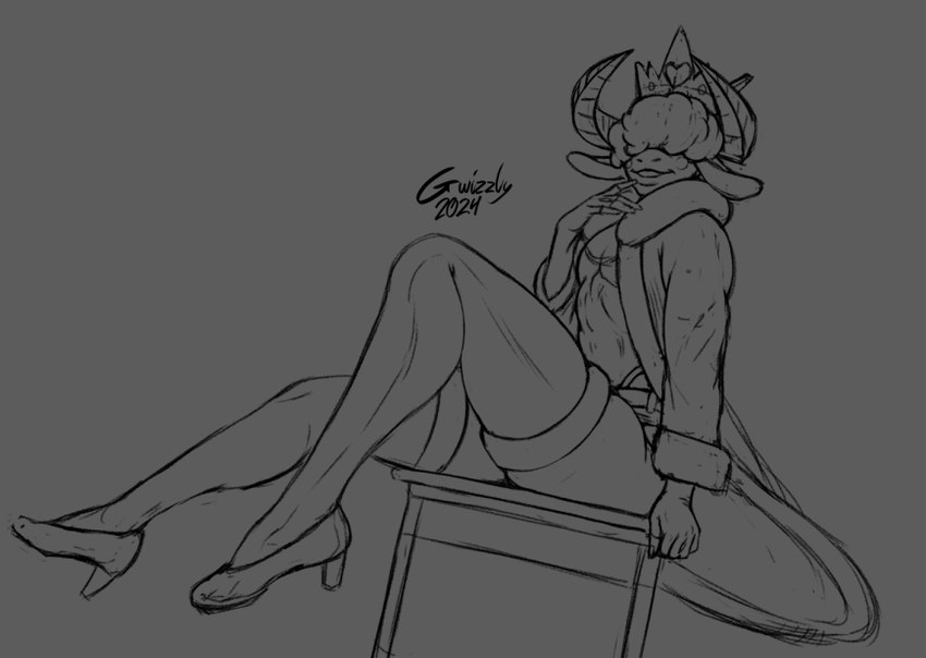 anthro bottomwear chair clothing crown femboy footwear furniture hair hair_over_eyes headgear high_heels horn male robe shoes shorts sitting smile solo gwizzly kings_of_hell asmodeus_(kings_of_hell) calf_(disambiguation) monochrome