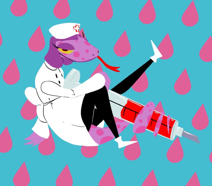 anthro blood bodily_fluids clothing female forked_tongue hat headgear headwear looking_at_viewer nurse nurse_clothing nurse_headwear purple_body solo syringe tongue tongue_out yellow_sclera gglloooopp catherine_(gregory_horror_show) lizard reptile scalie hi_res