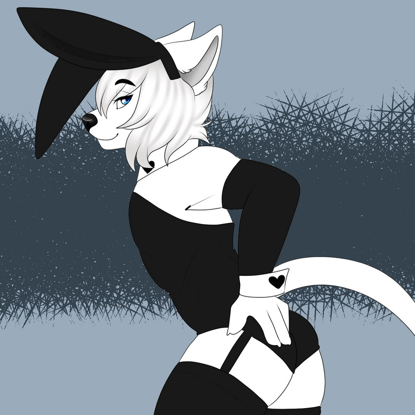 anthro black_nose blue_eyes bunny_costume clothed clothing costume crossdressing eyebrows fur male mane playboy_outfit raised_eyebrow solo white_body white_fur brokenvocaloid lucky_the_liolf canid canine canis felid hybrid lion mammal pantherine wolf 1:1 hi_res