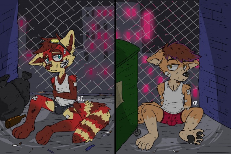 anthro band-aid bandage bottle boxers_(clothing) briefs brown_hair bulge chain-link_fence cigarette clothing container eyewear fence goggles hair male pawpads shirt solo tank_top topwear underwear young young_anthro young_male katxfish timburrs ailurid canid canine fennec_fox fox mammal red_panda true_fox