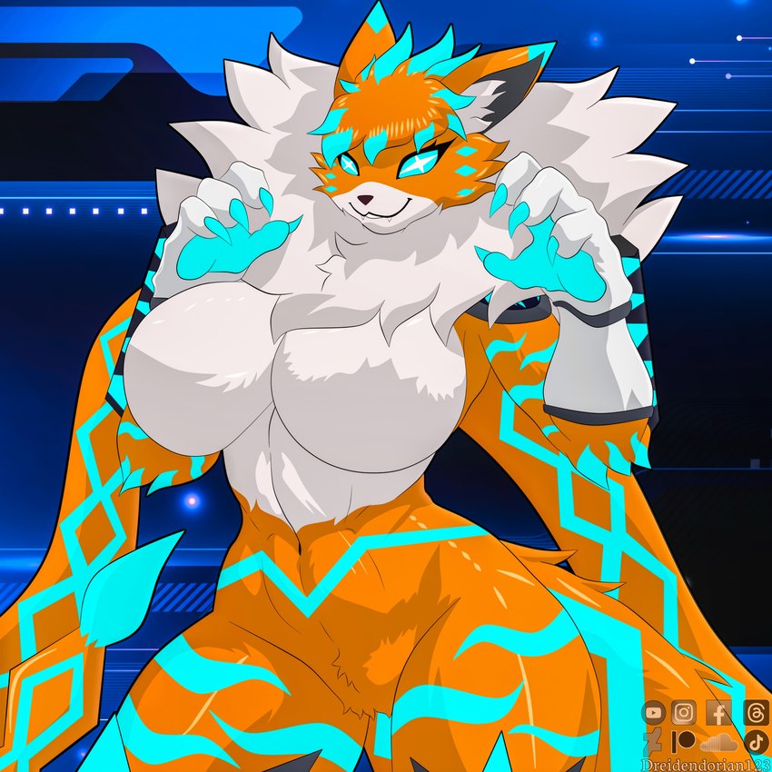 anthro armor big_breasts blue_claws blue_eyes blue_markings blue_nails breasts claws colored_nails cross-shaped_pupils cross_pupils cute_fangs fangs female fur huge_breasts machine markings nails orange_body orange_fur pupils smile solo teeth thick_thighs tuft unusual_pupils white_body white_fur white_pupils white_tuft wide_hips dreiden bandai_namco digimon meiling_(dreiden) digimon_(species) domestic_cat felid feline felis hybrid maine_coon mammal meicrackmon protogen 1:1 hi_res